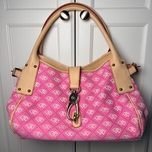 Dooney & Bourke Pink DB Monogram Canvas Satchel Leather Trim Hook Closure